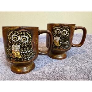2 vintage 70s cottage core OWL floral mugs coffee cups. CUTE